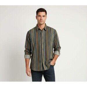 Robert Graham Button-Up Shirt Men 2XL Navy Gold Green Brown Striped Long Sleeve